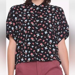 Hot Topic Black Button-Up Top with Red and Light Blue Mushroom Print
